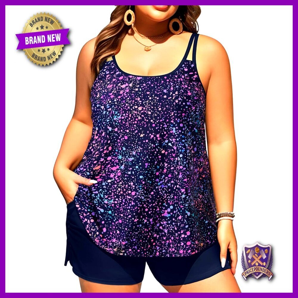 Plus Size Tankini Swimsuit Set with Adjustable Straps and High-Waisted Shorts